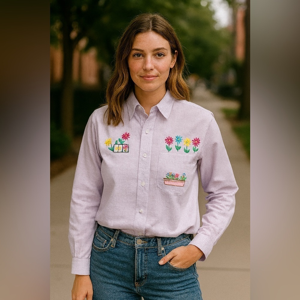 Vintage cottagecore Plaid Button Down Lavender Purple Embroidered Flower…​​​
